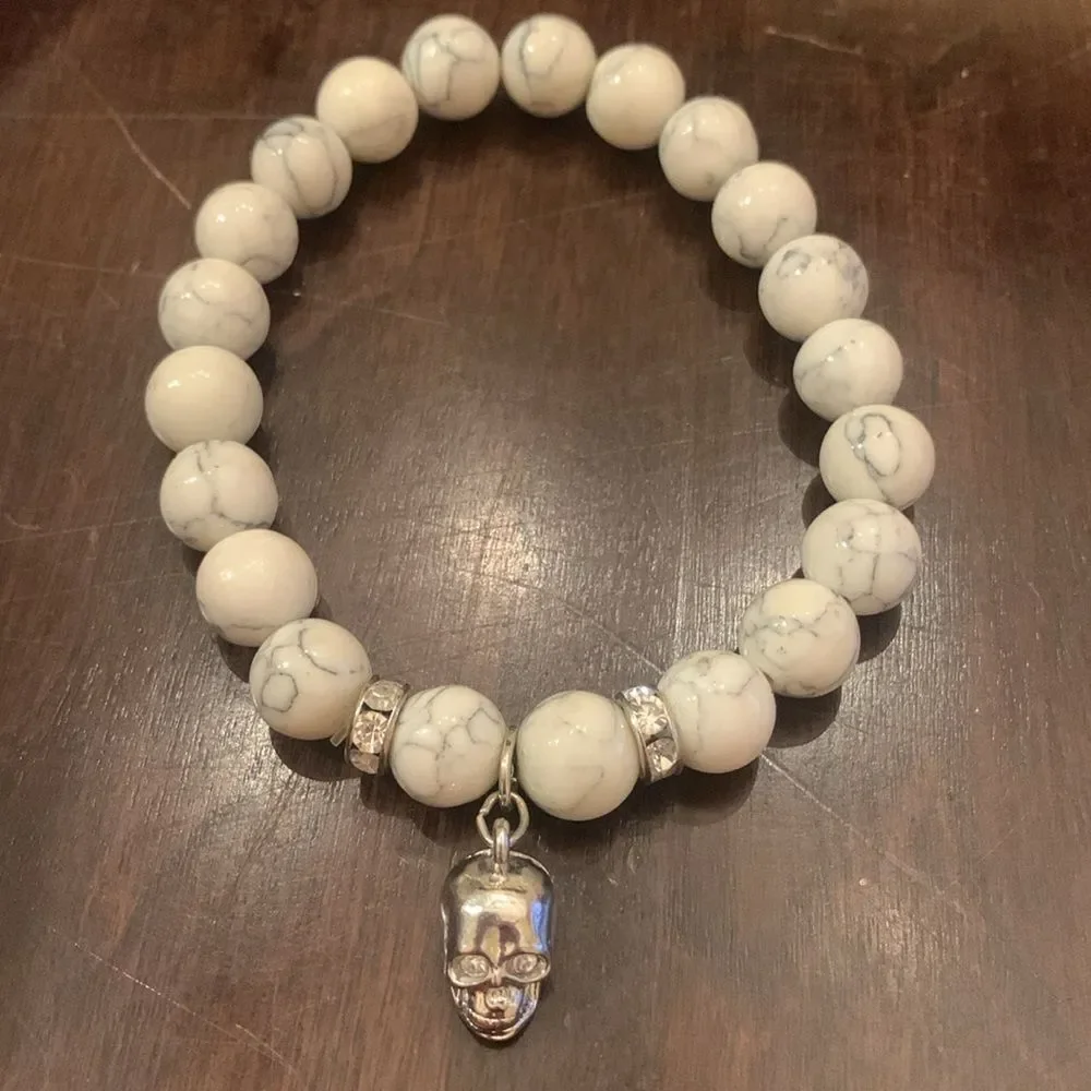 Large White Marble stretch bracelet with Skull Charm